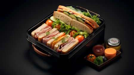 Lunch box with sandwiches and fresh vegetables on a black background.の素材