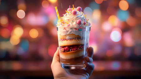Hand holding a cup of ice cream with colorful bokeh backgroundの素材
