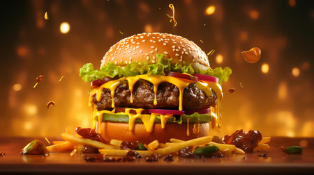 Close up of tasty cheeseburger with french fries on wooden tableの素材