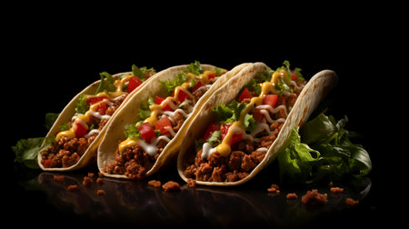 Mexican tacos with meat, vegetables and sauce on black background.の素材