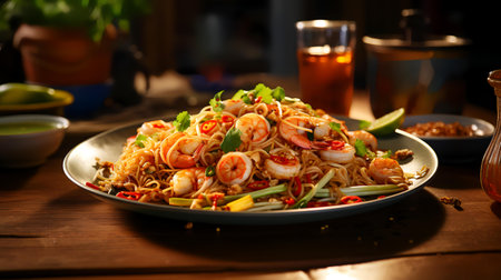 stir-fried noodles with prawns and chili on wooden tableの素材