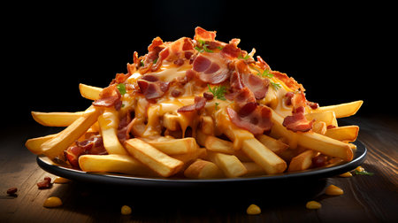 French fries with bacon and cheese on a black plate on a wooden tableの素材