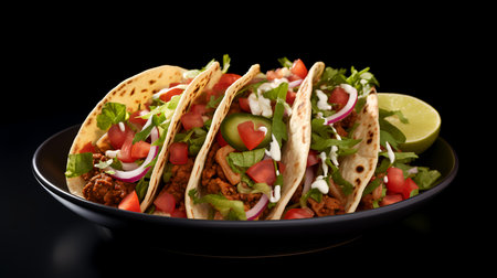 Mexican tacos with meat, vegetables and salsa on black background.の素材