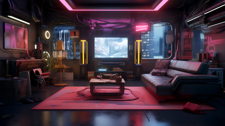 3d rendering of the interior of a fantasy room with neon lightsの素材