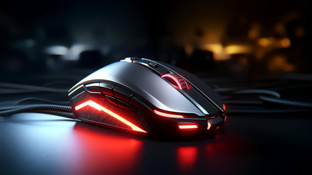 Computer mouse with neon light on dark background. 3D Renderingの素材