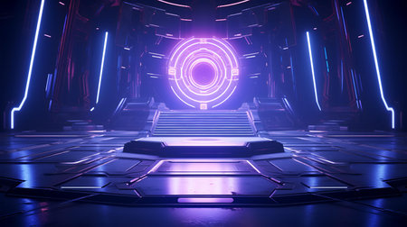 3D rendering of a futuristic background with neon lights and a podiumの素材
