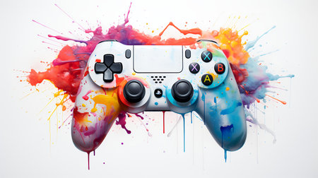 Joystick and colorful paint splashes on white background. 3D renderingの素材