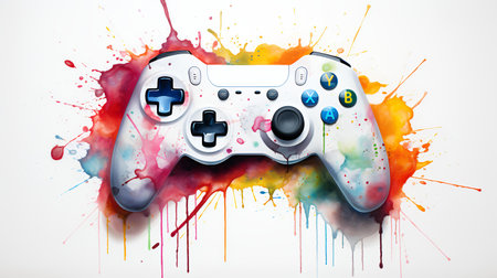 Gamepad and colorful watercolor splashes on white background. Vector illustrationの素材