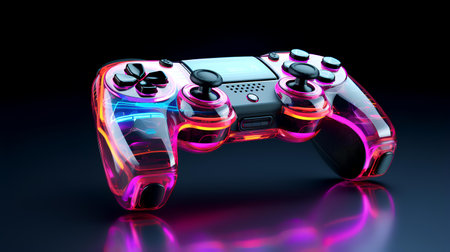 video game controller in neon light on black background. 3d illustrationの素材