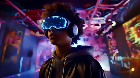 Young african american woman playing in virtual reality headset at night clubの素材