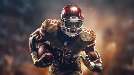 American football player in action with ball on the field. Mixed mediaの素材