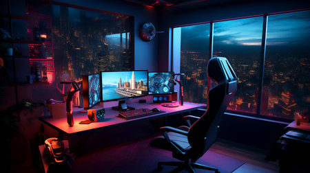 Night scene of a gaming room with computer monitors and gaming equipment.の素材