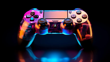 video game controller on black background in neon light. 3d illustrationの素材