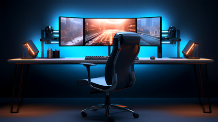 Computer desktop in dark room, 3d rendering. Computer interior.の素材