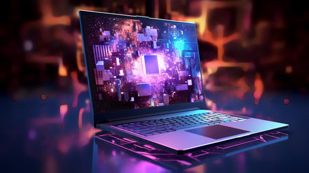 Laptop with abstract technology background. 3d rendering toned imageの素材
