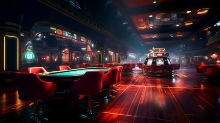 3D rendering of a night club with red chairs and tables.の素材