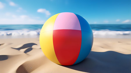 Beach ball on the sand. 3d render. Summer vacation conceptの素材