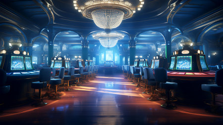 Luxury casino interior with empty seats and tables. 3d renderingの素材