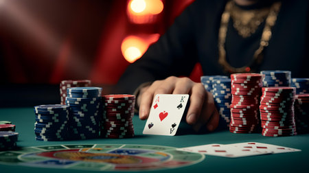 casino, gambling, entertainment and people concept - close up of woman with playing cards and chips at green casino tableの素材