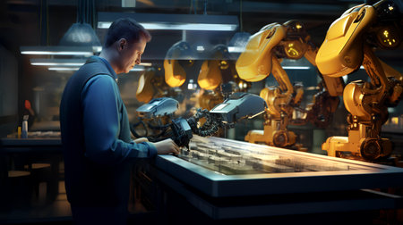 Engineer working on a robot arm in a factory. 3d renderingの素材