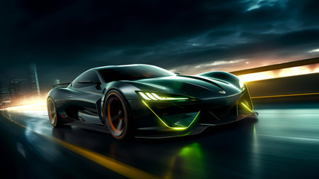 3D rendering of a sports car on the road with motion blurの素材