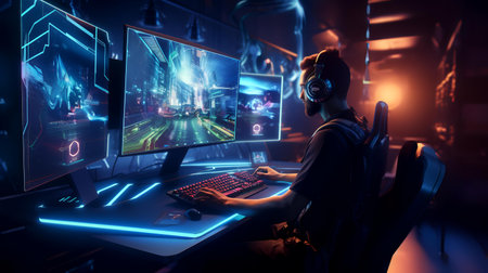 Cyberpunk gamer playing online games on computer. 3d renderingの素材