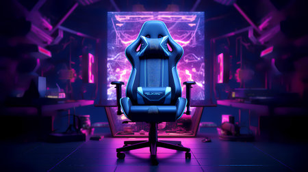 3D rendering of a cyberpunk style office chair in front of the monitorの素材