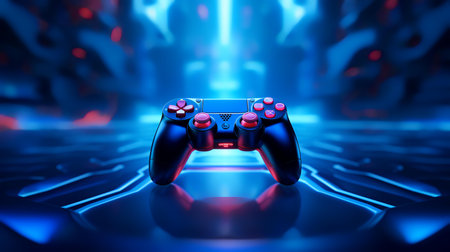 Gamepad on a blue background. 3d rendering, 3d illustration.の素材
