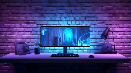 Computer screen on table in room with brick wall background, 3D renderingの素材
