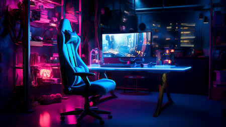 Professional gamer workspace with computer monitor and headphones in neon light. Gaming conceptの素材