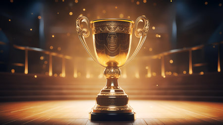 Golden trophy cup on wooden floor. Award concept. 3D Renderingの素材