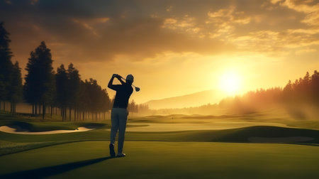 Golf player on the golf course at sunset. 3d renderingの素材