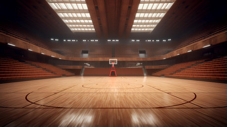 Empty basketball court with wood floor and red basket. 3d renderingの素材