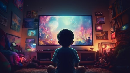 Little boy sitting on the floor watching a movie on a television.の素材