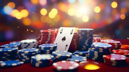 Casino chips and playing cards on red table with bokeh backgroundの素材