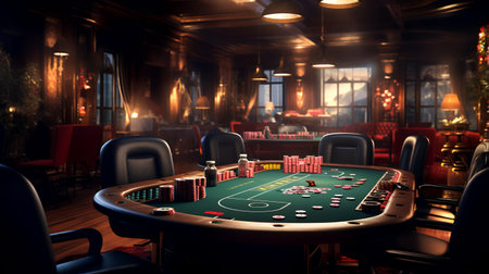 Poker table with chips and cards in a casino. 3d renderingの素材
