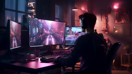 Cyber security concept. Young man in headphones playing video games on computer at night.の素材