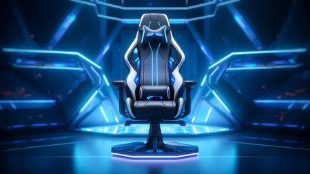 3D rendering of a gaming chair in neon light on a dark backgroundの素材