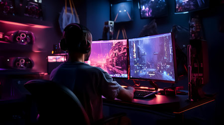 Young man playing video games on computer in dark room at night.の素材