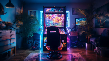Retro arcade game machine with colorful neon lights in the room.の素材