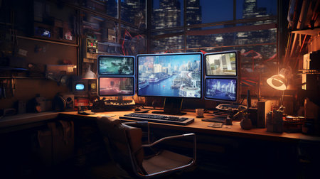 Computer room at night with city view. 3D Rendering.の素材