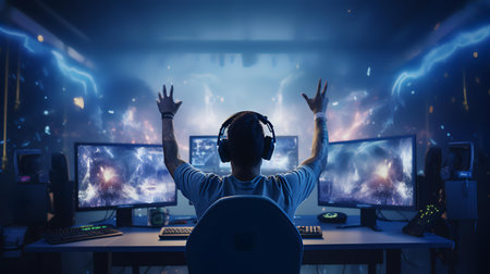 Young man in headphones playing video games at home. Gaming and entertainment conceptの素材