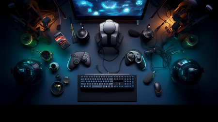 3D rendering of gaming concept with computer keyboard, mouse, joystick and mouse padの素材