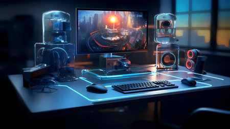 3D rendering of a gamer workspace with a computer, mouse, keyboard and mouse.の素材