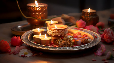 Beautiful spa composition with candles and flowers on wooden table, closeupの素材