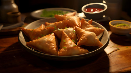 Fried samosas served with sauce and herbs on wooden tableの素材