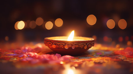 Indian festival Diwali, Diya oil lamps lit on colorful rangoli. Hindu traditional. Copy space for text.の素材