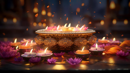 Burning candles in a bowl with flower petals on dark backgroundの素材