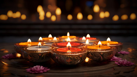 Burning candles in a vase on a wooden table in a templeの素材
