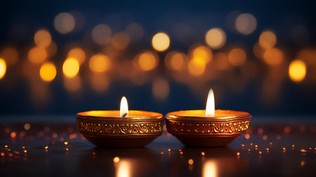 Indian festival Diwali, Diwali oil lamps lit on colorful rangoli. Hindu traditional.の素材